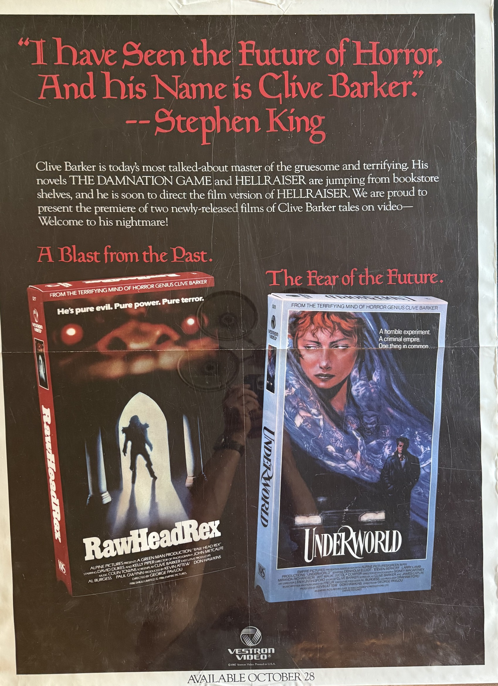Actual Rawhead Rex / Underworld — Vestron Video Clive Barker promotional poster front photograph